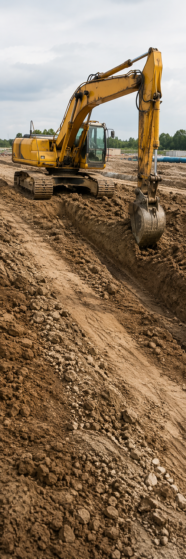 A used 20-ton medium crawler excavator performing trenching and grading work on a construction site