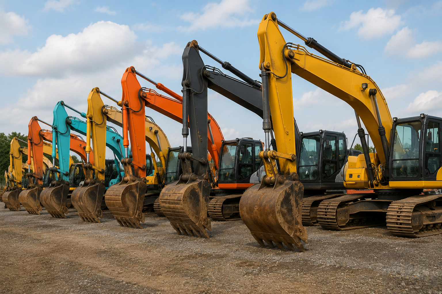 Fleet of Cat, Komatsu, and Hitachi medium excavators