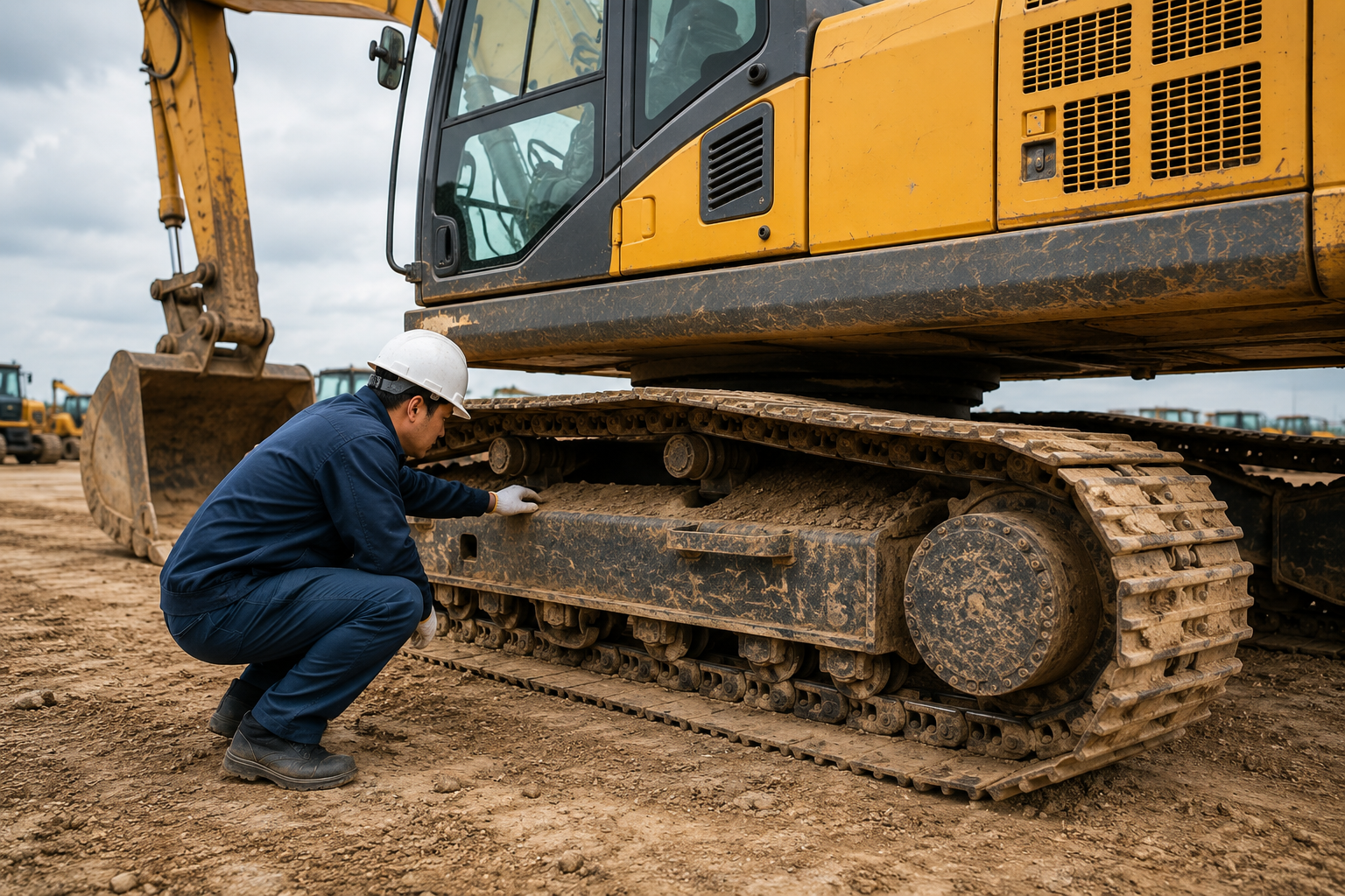 Mechanic inspecting undercarriage of a mid-size used excavator