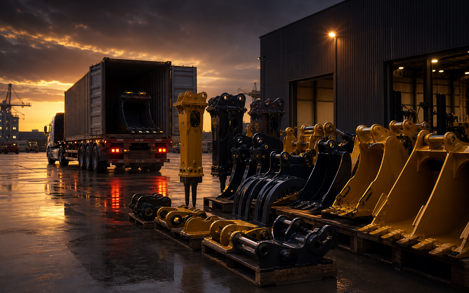 Excavator attachment logistics and container loading=
