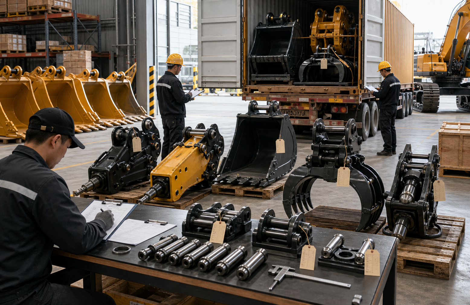 Excavator attachment sourcing inspection and export preparation