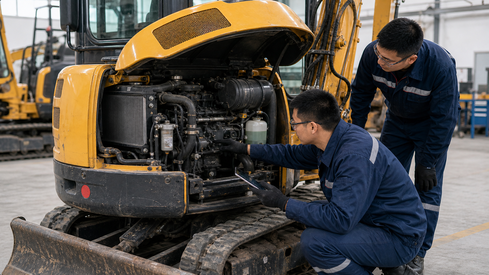 Liehuang technician inspecting genuine Kubota/Cat engine for a used major-brand mini excavator