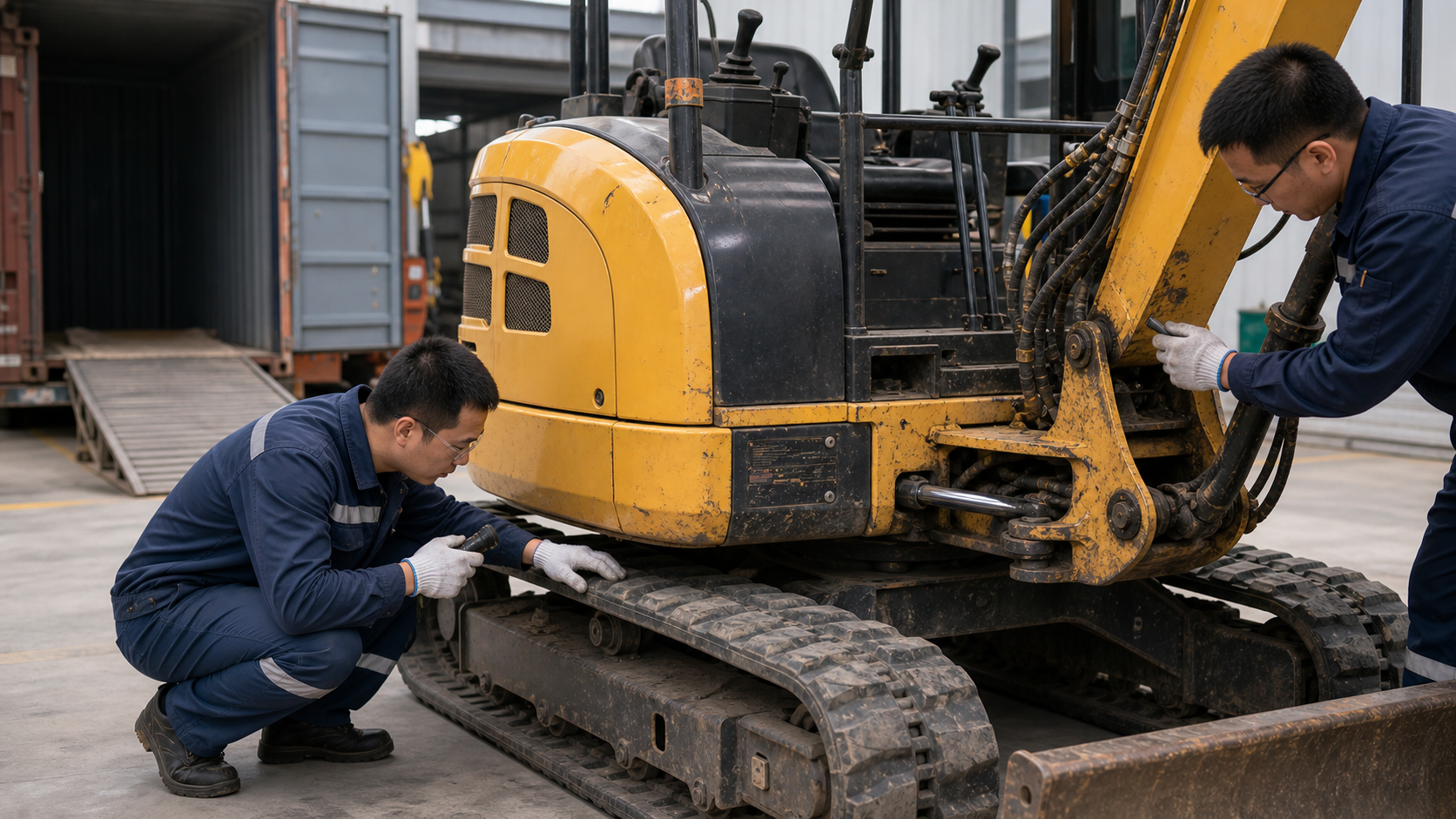 Detailed hydraulic and undercarriage inspection process by Liehuang before container loading=