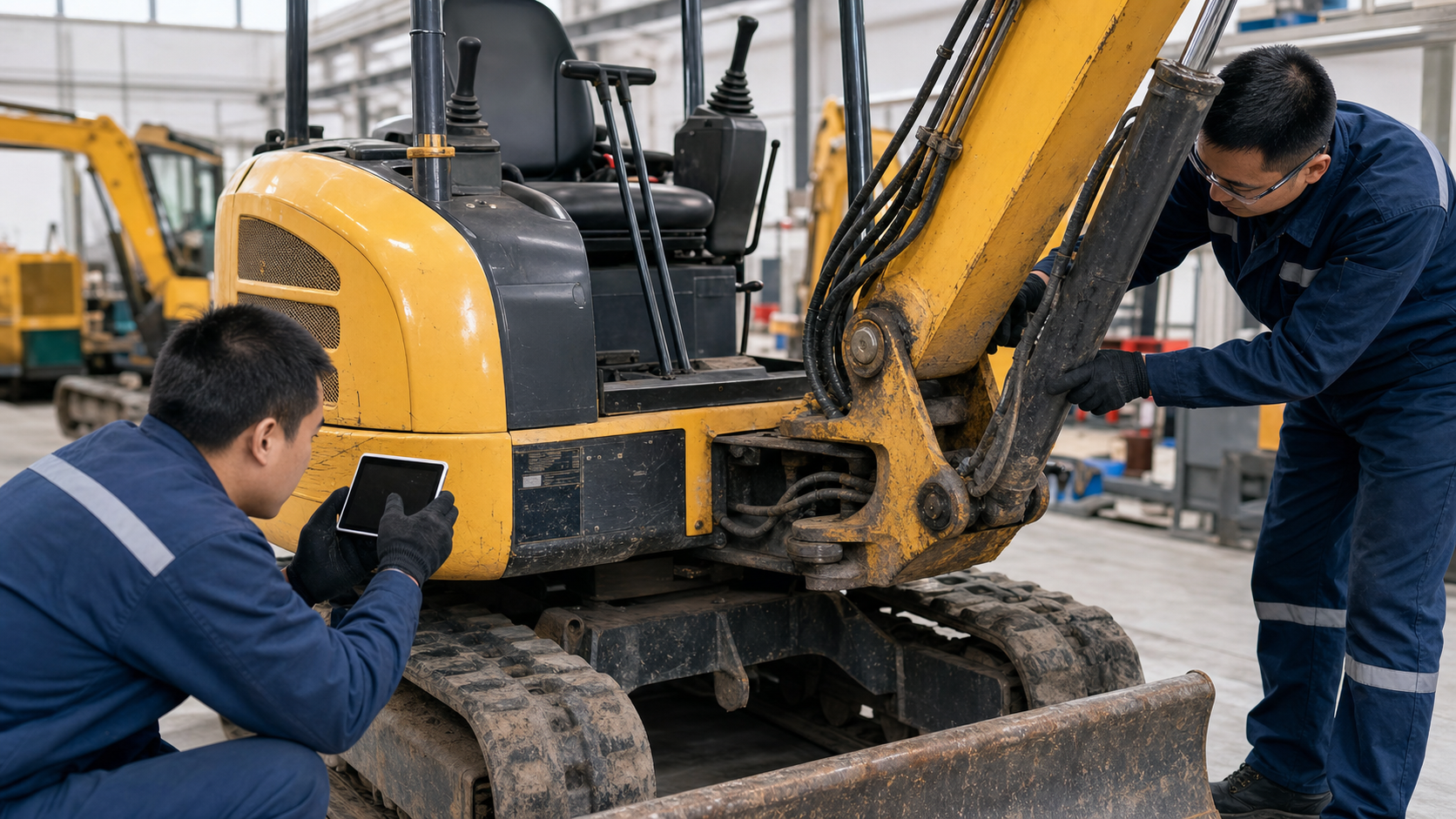Liehuang technicians inspecting hydraulic hoses, machine plate, and condition of a used mini excavator before export