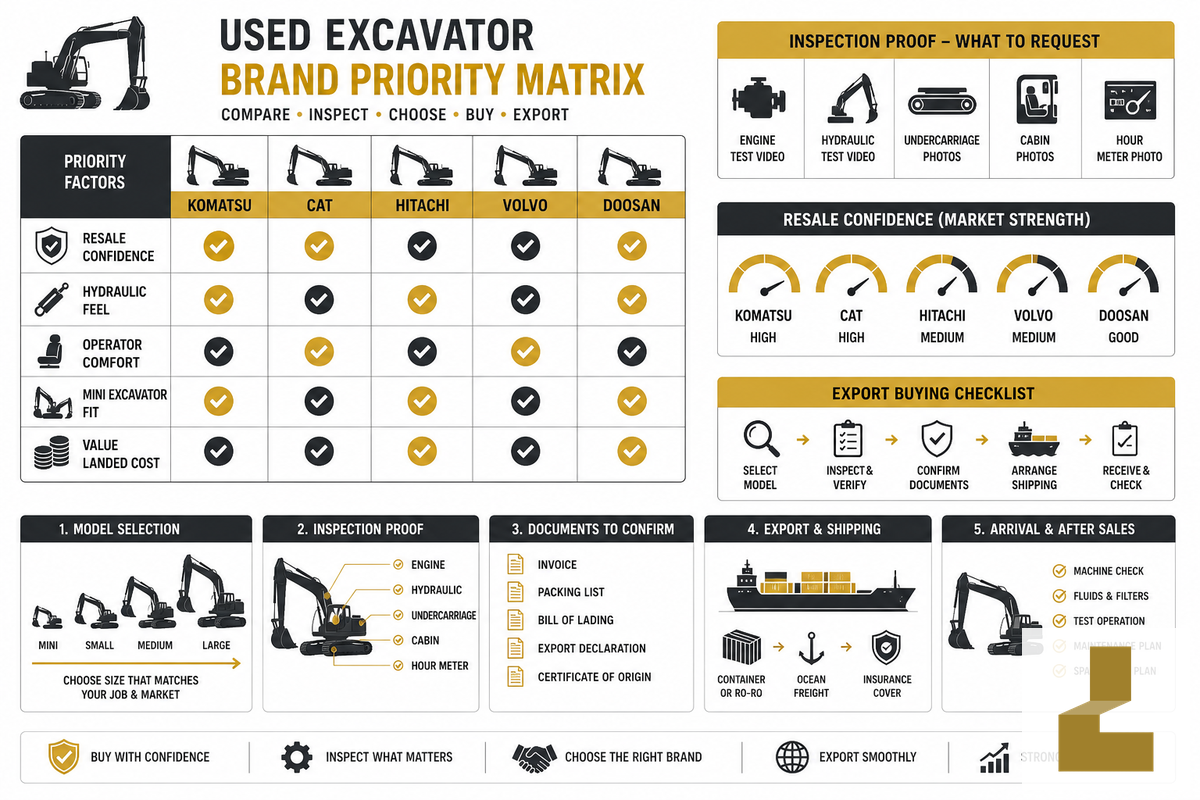 Quick Comparison: Best Excavator Brands by Buyer Priority — Liehuang Used Excavators