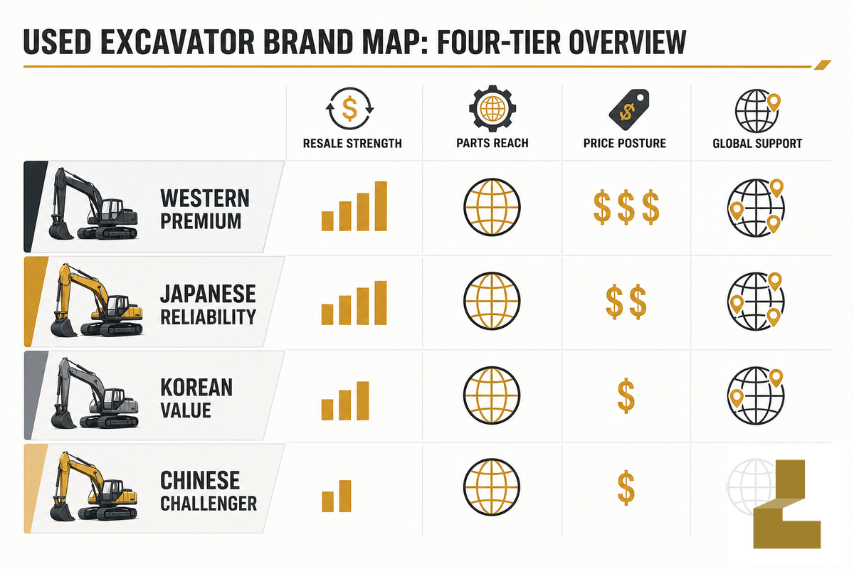 The Used Excavator Brand Landscape: 4 Tiers at a Glance — Liehuang Used Excavators