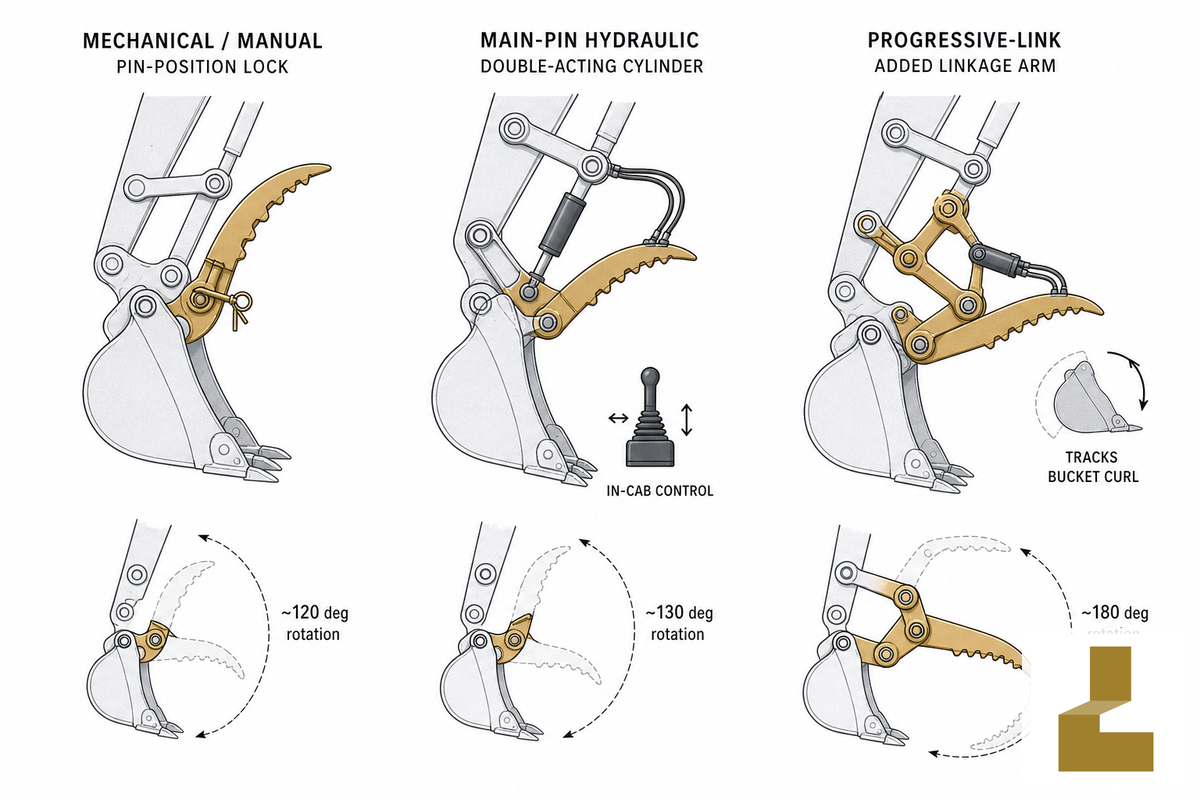 How Excavator Thumbs Work, Hydraulic, Mechanical & Progressive-Link Mechanics — Liehuang