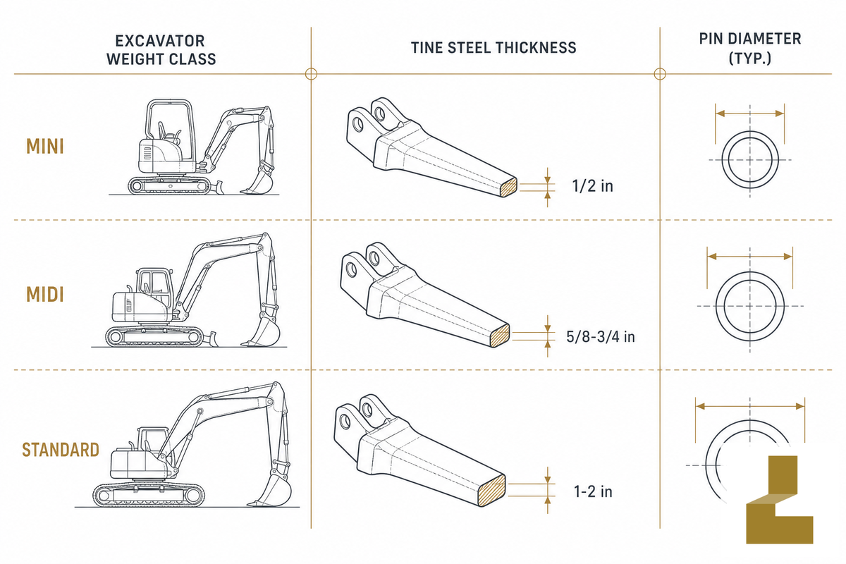 Excavator Thumb Sizing Science, Why Weight Class, Tine Thickness & Pin Diameter Scale Together — Liehuang