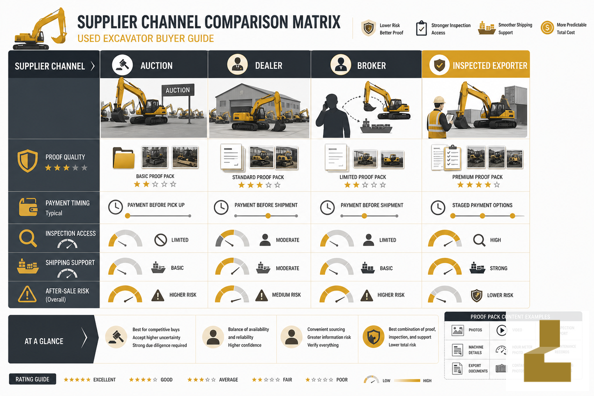 Supplier Channels: Auction, Dealer, Broker, or Inspected Exporter — Liehuang Used Excavators