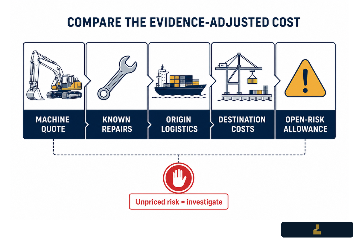 Compare Evidence-Adjusted Landed Cost, Not Sticker Price — LH Used Excavator