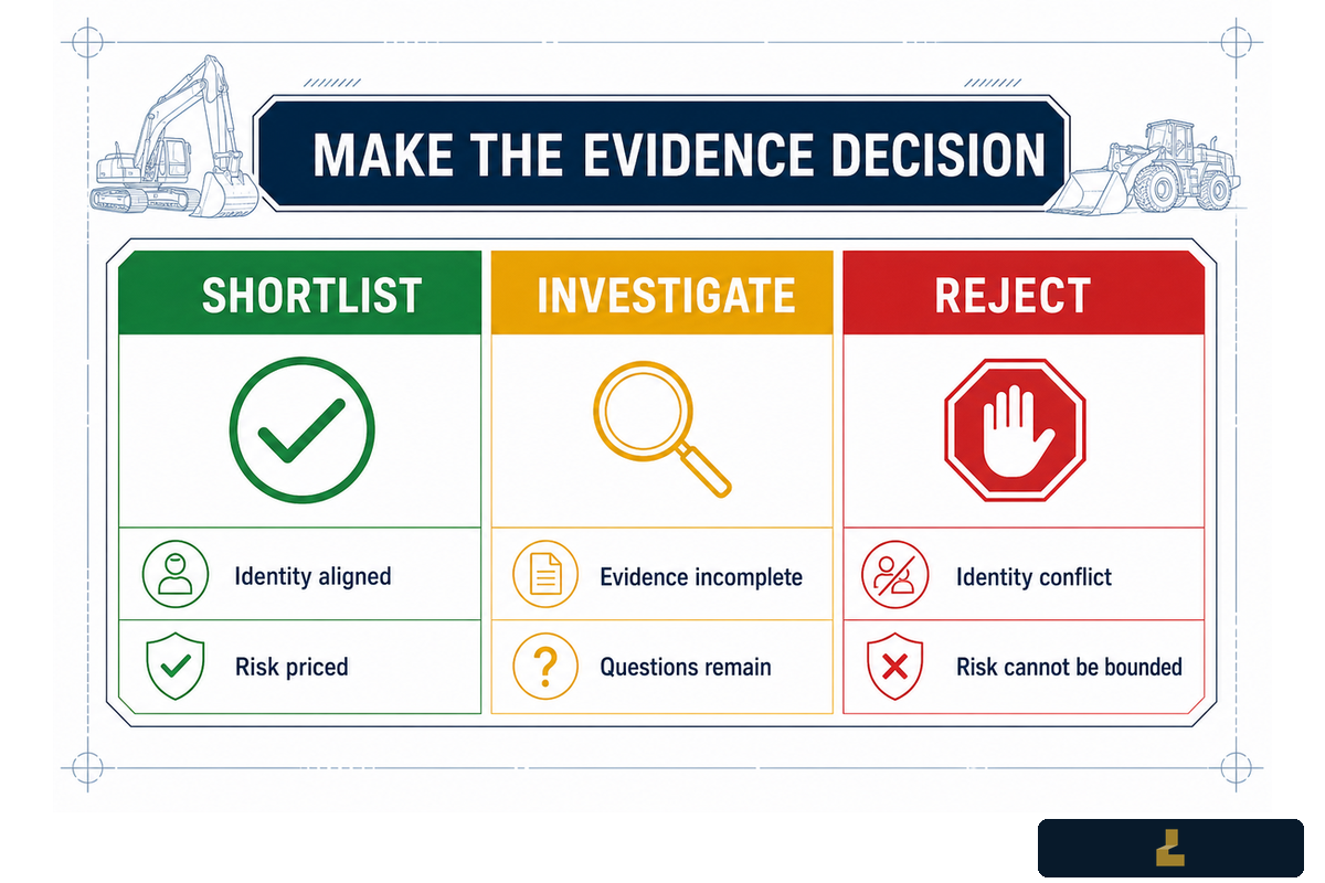 Use the Evidence-Adjusted Quote Grid to Shortlist, Investigate, or Reject — LH Used Excavator