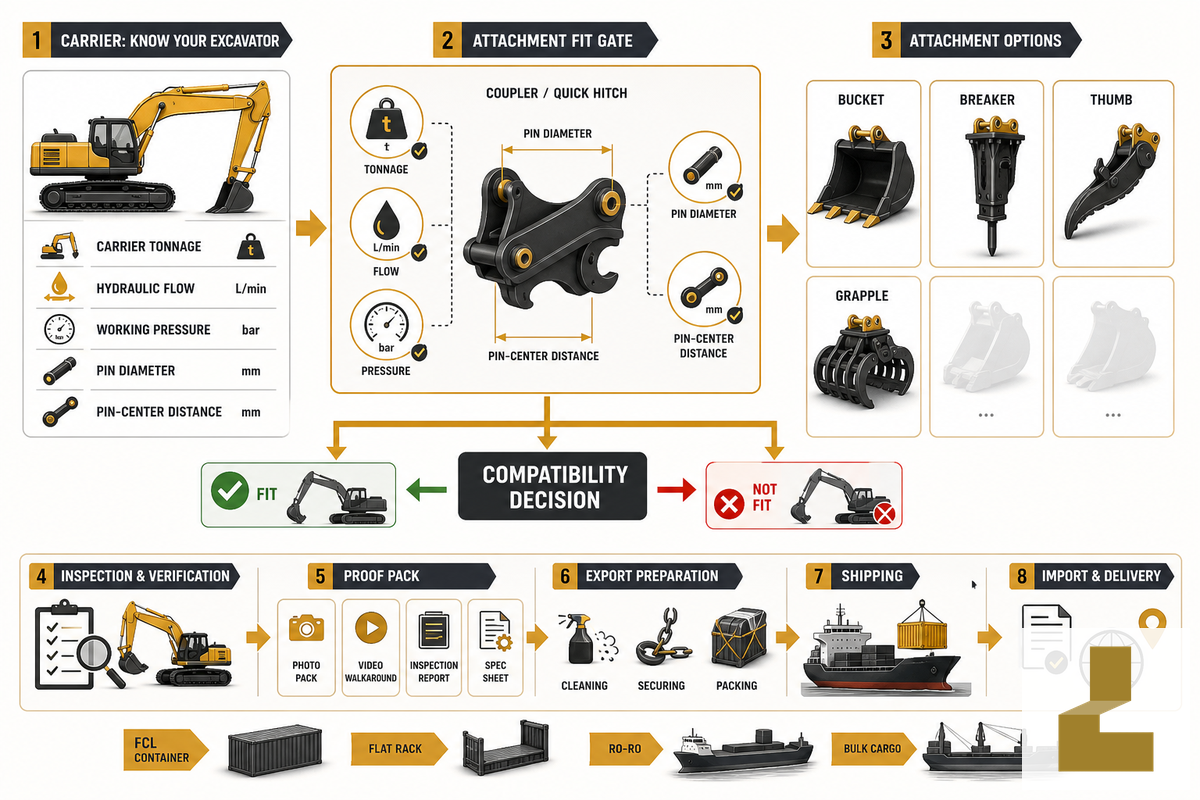 Attachments and Carrier Fit: Bucket, Breaker, Thumb, Coupler, and Flow — Liehuang Used Excavators