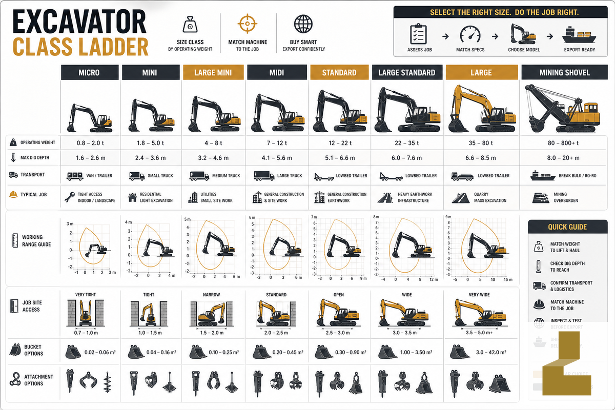 Excavator Size Classes Explained (Mini to Large) — Liehuang Used Excavators
