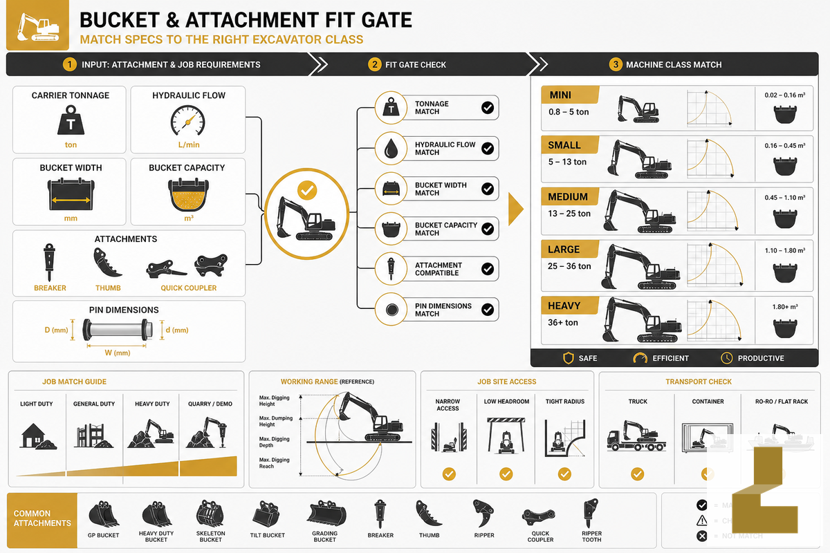Bucket Size and Attachments by Machine Size — Liehuang Used Excavators
