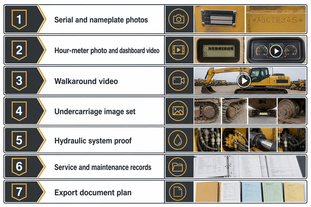 Seven supplier evidence files for one used excavator quote