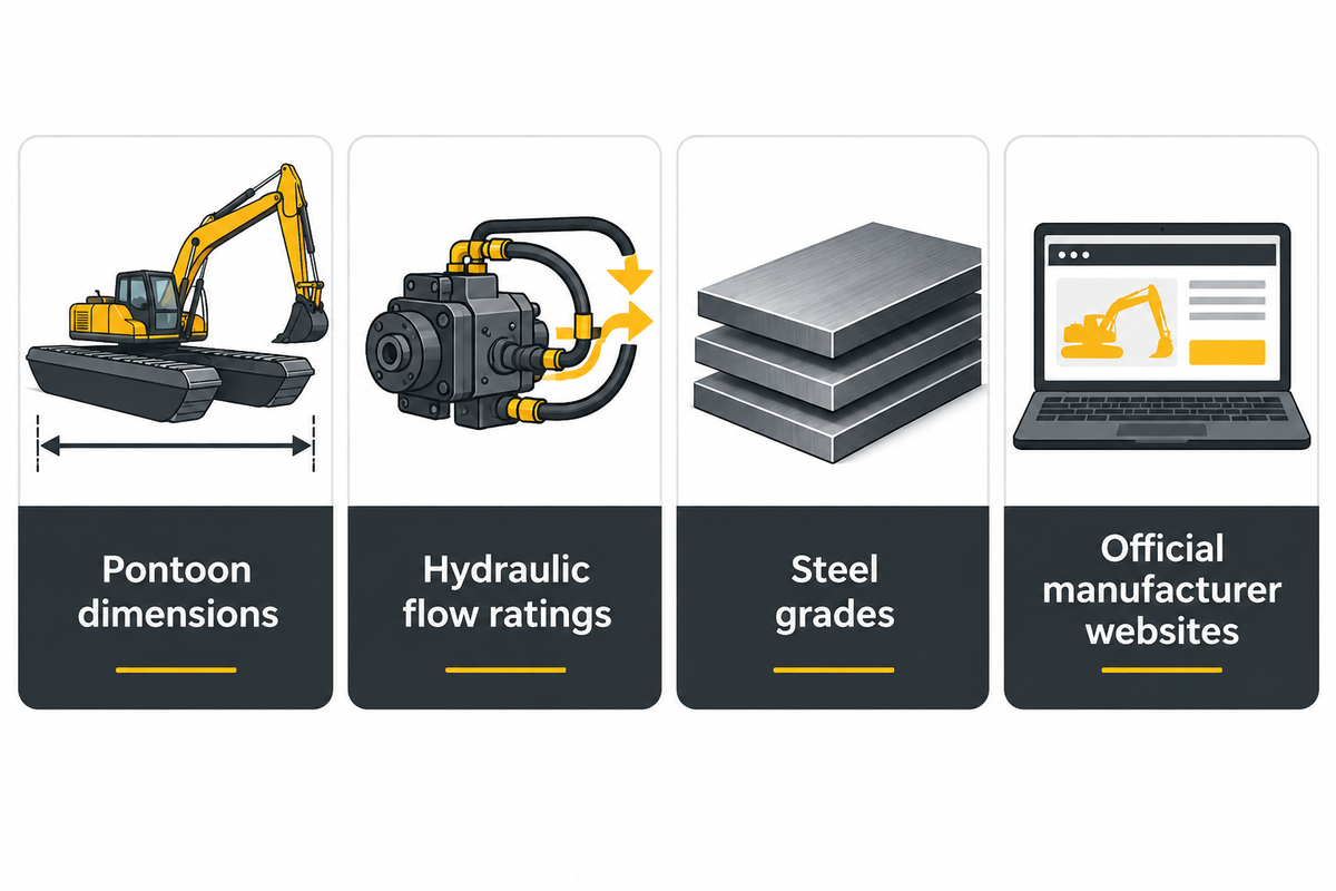 Four selection criteria for amphibious excavator manufacturers covering pontoon dimensions, hydraulic flow, steel grades and official websites