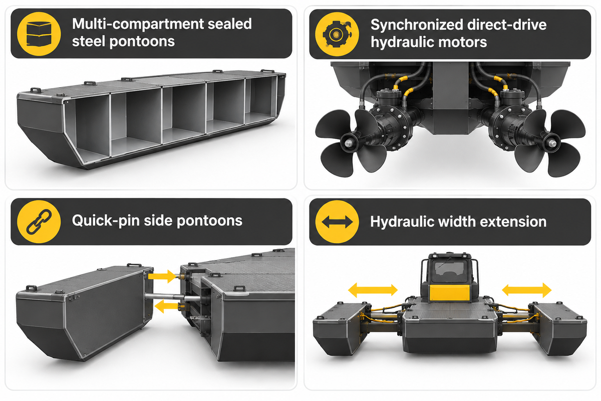 Pontoon hull and drive architectures across North American and European amphibious excavator builders