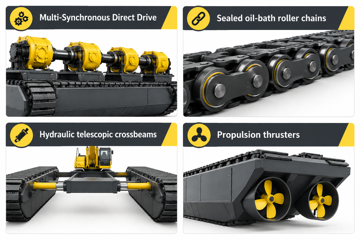 Multi-synchronous drive, sealed roller chains and telescopic crossbeams in Asian amphibious excavators