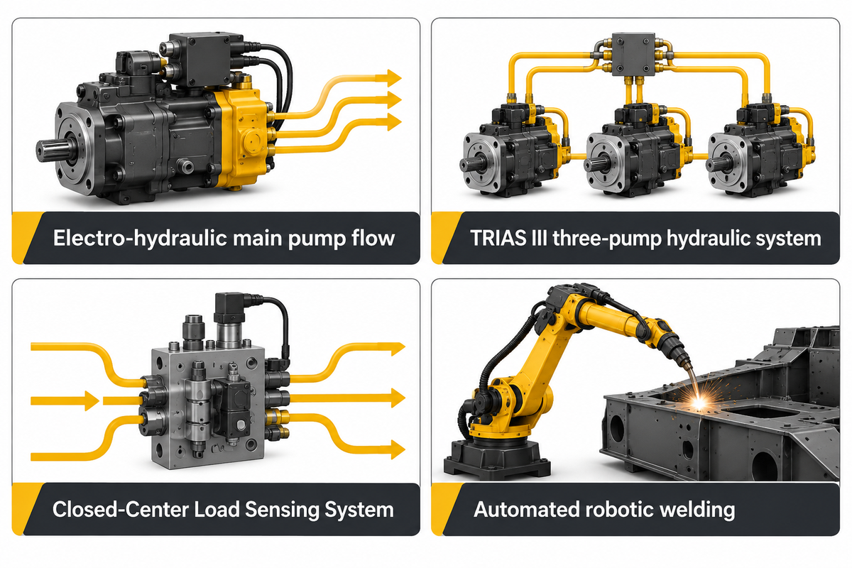 Hydraulic pump control and robotic boom welding across global OEM upper-structure manufacturers