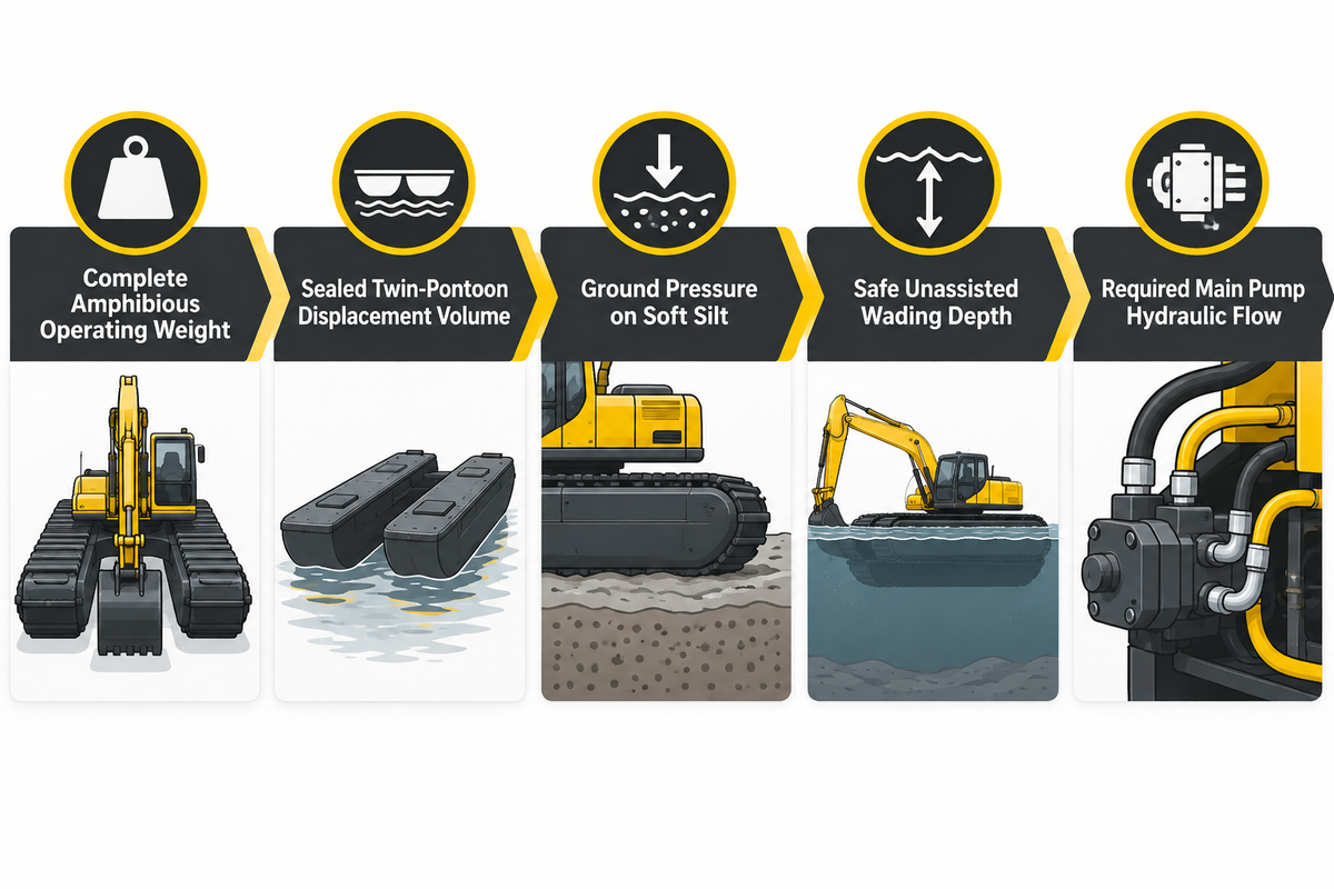 Five core engineering metrics covering amphibious operating weight, pontoon volume, ground pressure, wading depth and pump flow