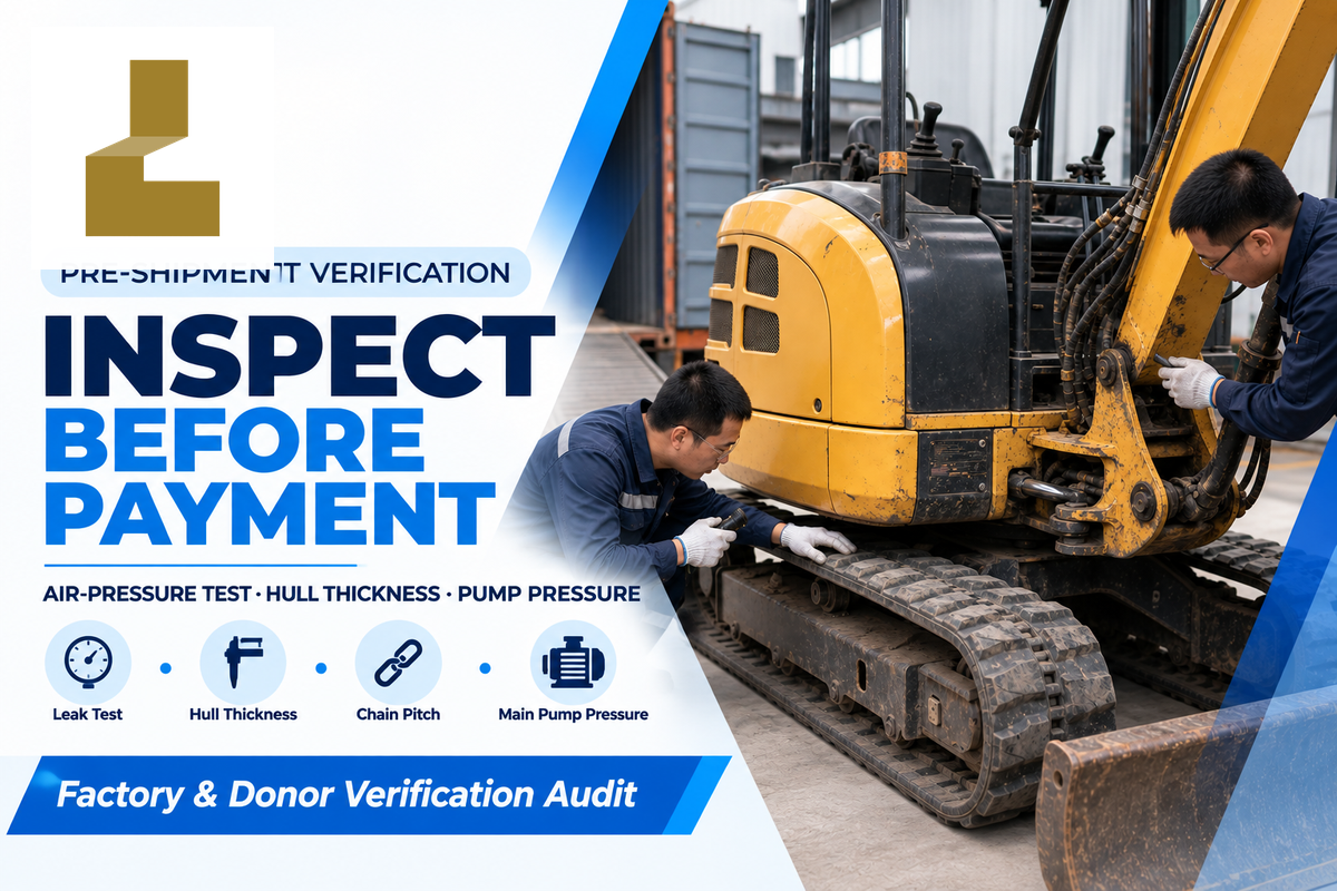 Technician inspecting an excavator undercarriage during pre-shipment verification
