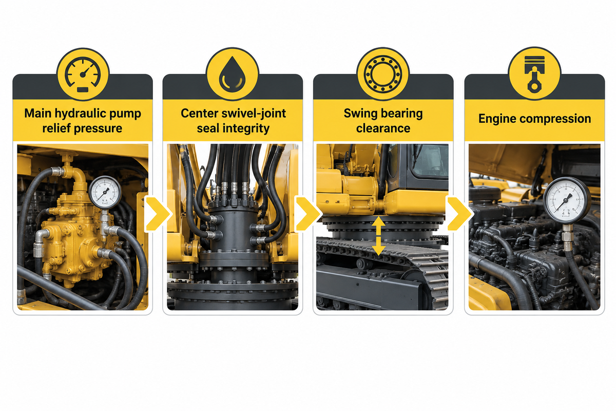 Four pre-shipment inspection tests for used donor excavators covering pump relief pressure, center swivel seal, swing bearing clearance and engine compression