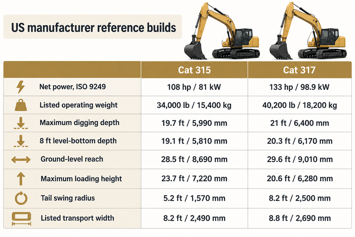 US Cat references: 315 weighs 34,000 lb; 317 40,200 lb. Compare each build and loading=