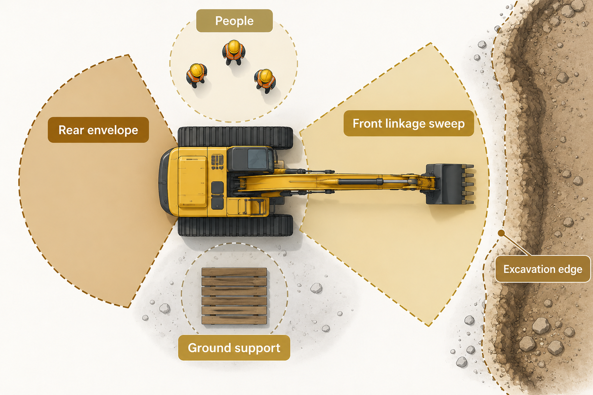 Compact rear clearance leaves front sweep, people, ground support and excavation-edge checks; OSHA/NIOSH context.
