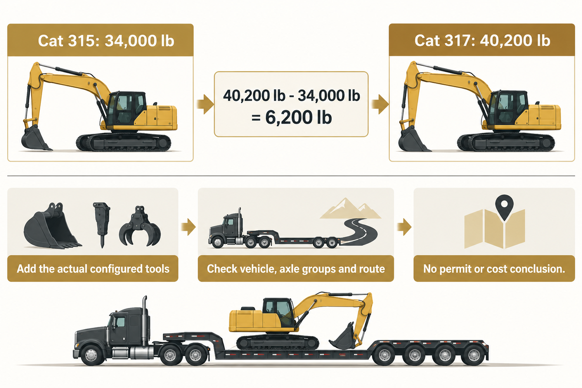 Cat reference mass difference is 6,200 lb; configured load, axle groups and route still require carrier review.