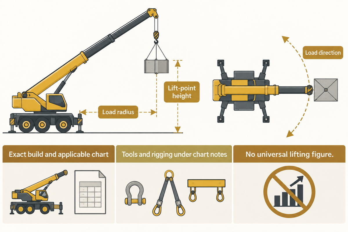 Caterpillar/ISO10567: permitted load depends on build, radius, height, direction, tools and rigging.