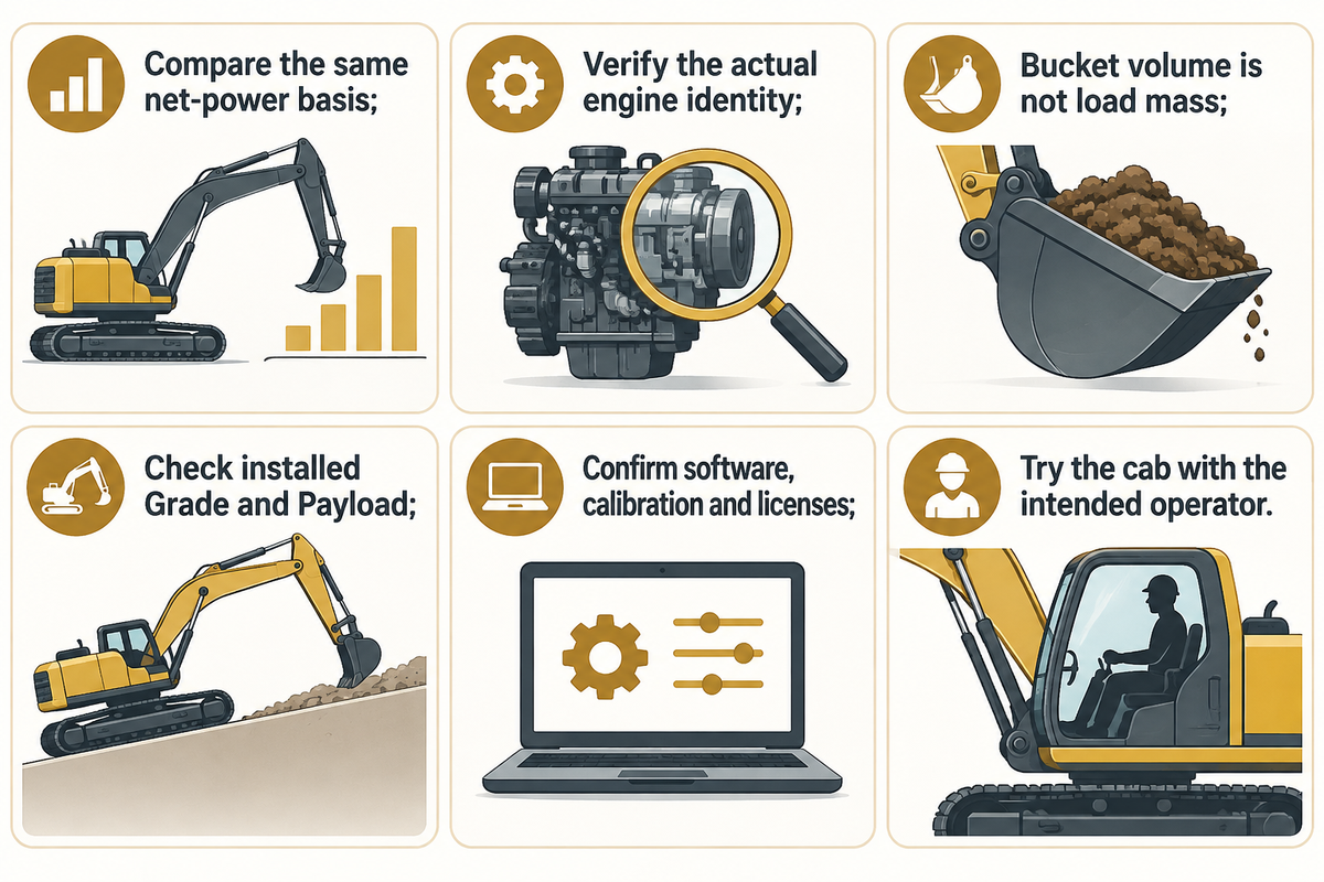 Compare ISO9249 net power, bucket load and installed technology; model size alone proves no option package.