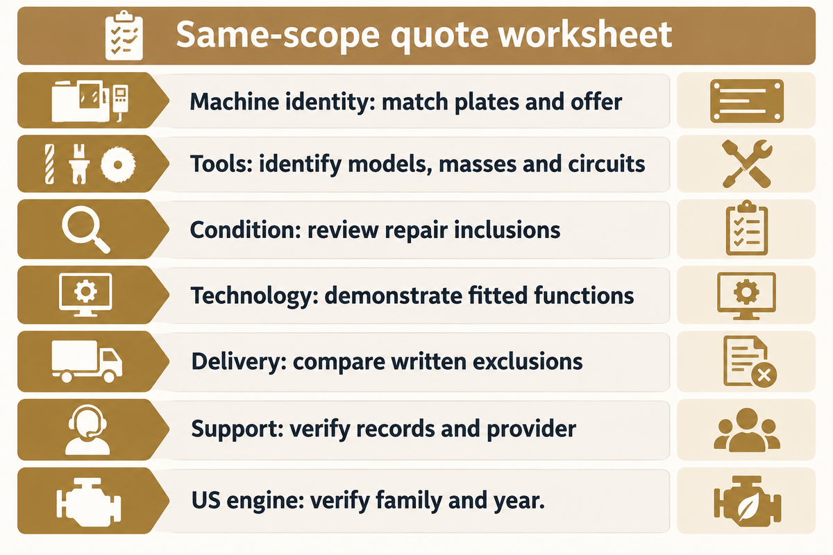 Normalize identity, tools, condition, technology, delivery, support and engine records before comparing315/317 quotes.