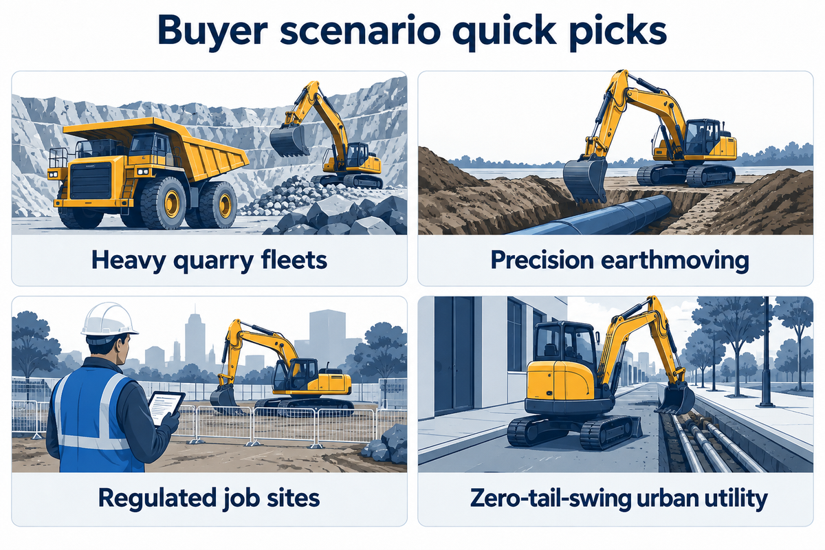 Match crawler excavator manufacturers to heavy quarry fleets, precision trenching, regulated job sites, and urban utility work.