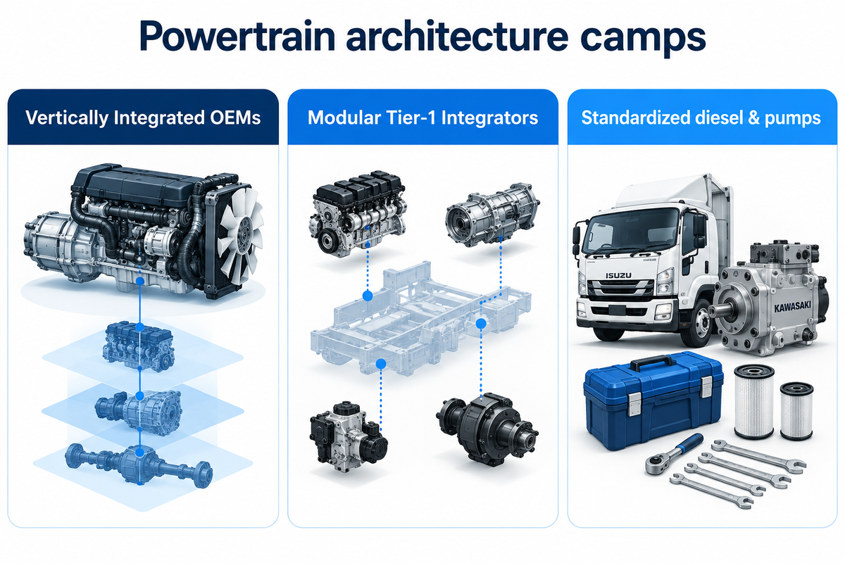 Contrast vertically integrated powertrain builders against modular Tier-1 component integrators across the 20-ton excavator class.