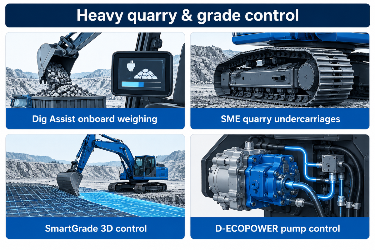 Highlight Volvo Dig Assist guidance, Liebherr SME quarry undercarriages, John Deere SmartGrade 3D, and Develon D-ECOPOWER control.