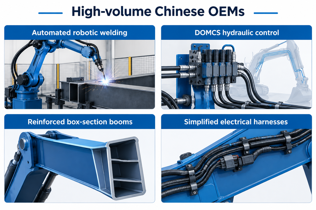 Summarize Chinese crawler excavator manufacturing strengths across robotic boom welding, Cummins-Kawasaki powertrains, and global parts depots.