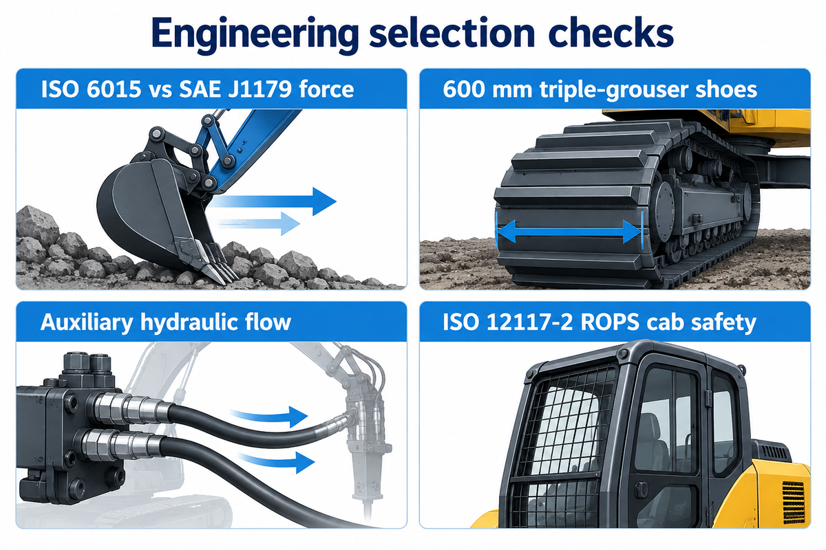 Standardize crawler excavator selection across ISO 6015 breakout force, track shoe ground pressure, auxiliary hydraulics, and ROPS/FOPS cab safety.