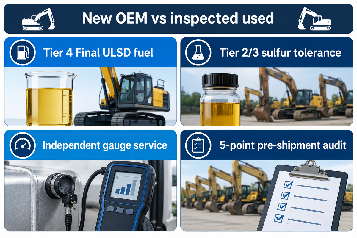 Compare factory-new Tier 4 Final excavators against inspected used Tier 2 and Tier 3 machines by fuel sulfur tolerance and FOB price.