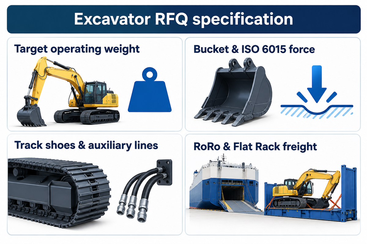 Prepare a crawler excavator quotation inquiry specifying tonnage class, ISO 6015 breakout force, track shoe width, and ocean freight.