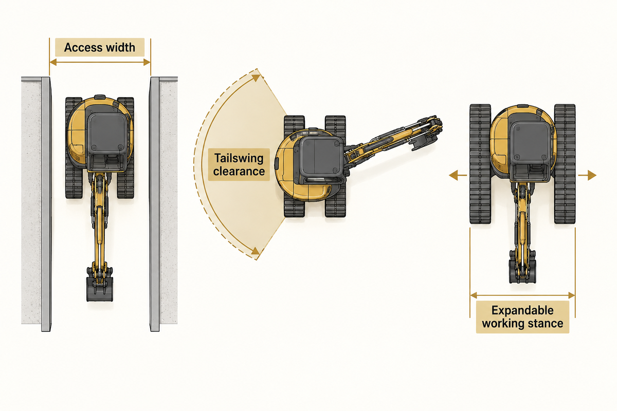 Check access width, tailswing clearance and working stance separately.