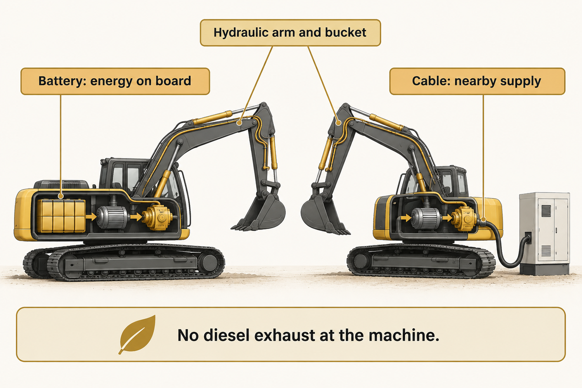 Battery and cable power both drive hydraulic excavation; local exhaust differs from lifecycle emissions.