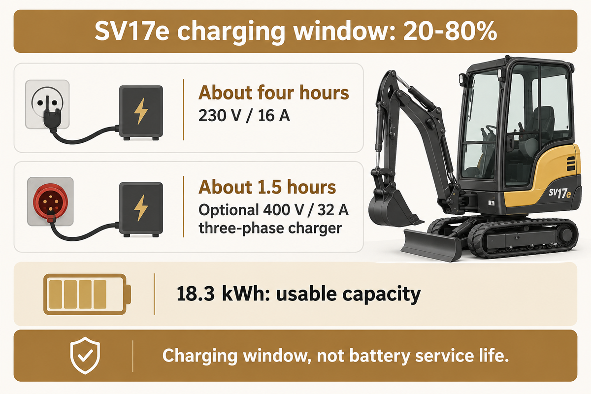 Yanmar SV17e charging times share a 20–80% window but require different electrical supplies.