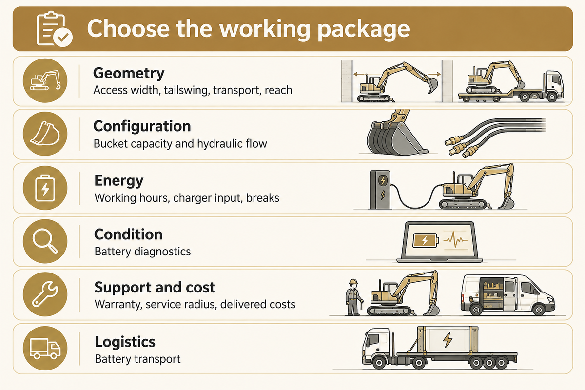 Six procurement checks cover geometry, configuration, energy, condition, support and logistics.