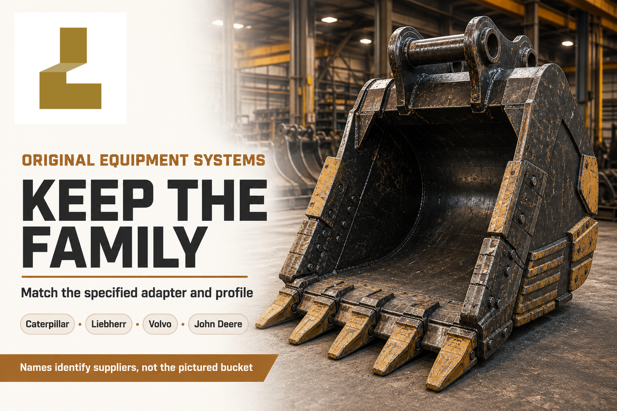 OEM tooth families have distinct adapters and profiles; Cat, Liebherr, Volvo and Deere official sources.