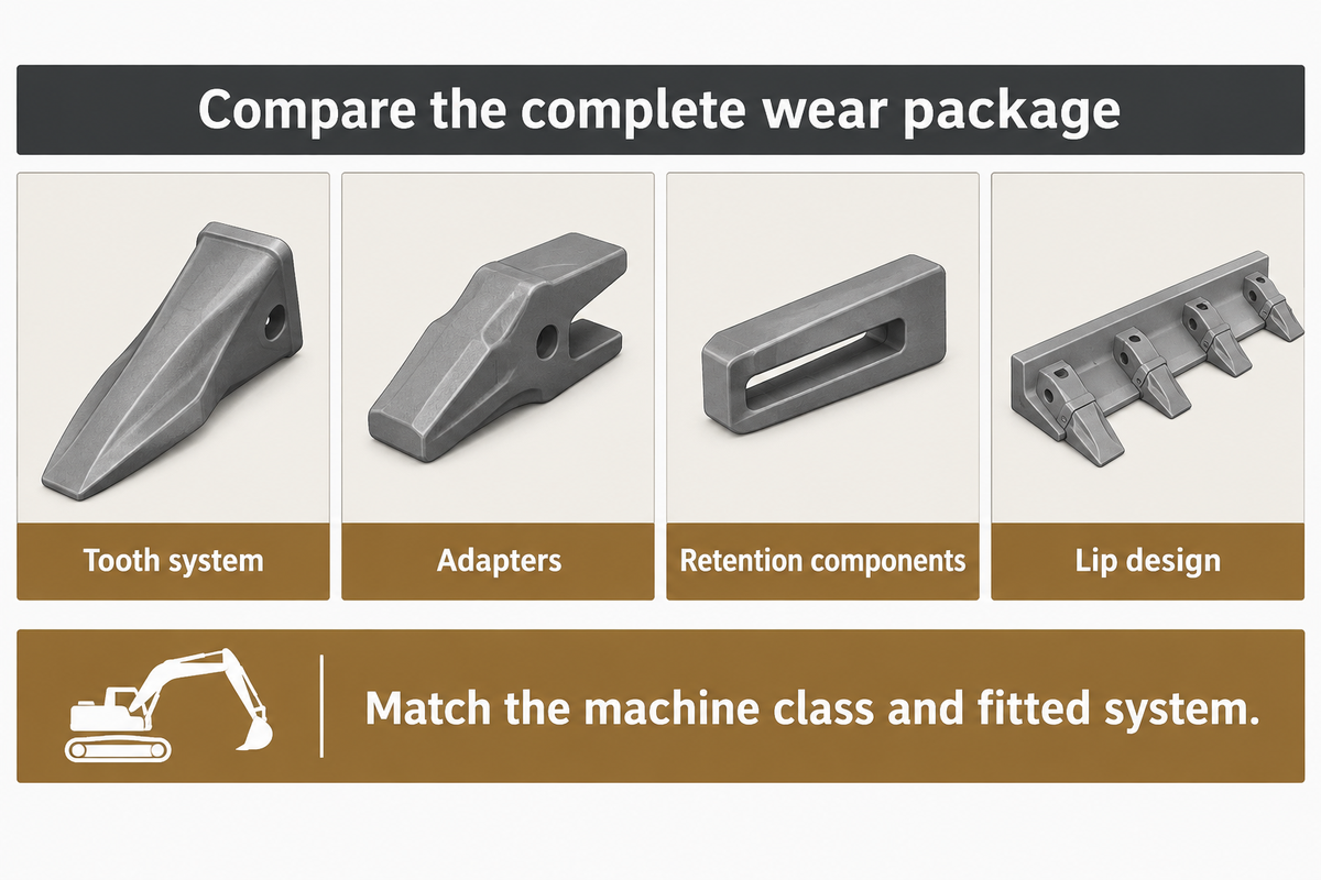 Specialist selection depends on tooth system, lip design and machine class; Hensley, Bradken and CR sources.