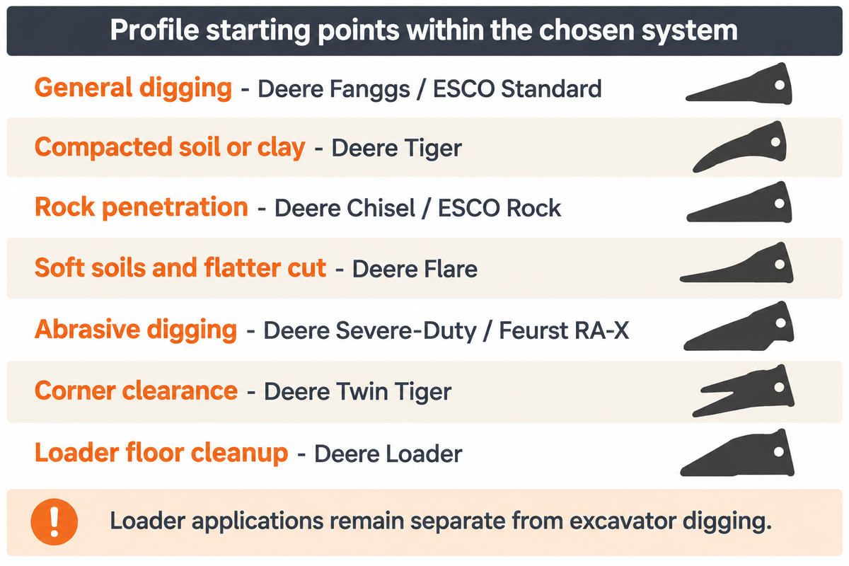 Seven application profiles guide selection within a tooth system; John Deere, ESCO and Feurst guidance.