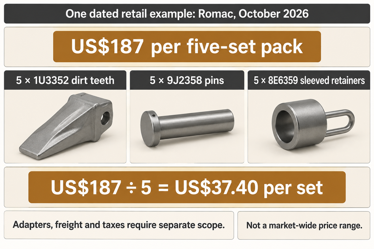 Romac's October 2026 US$187 five-set pack equals US$37.40 per tooth-and-hardware set.