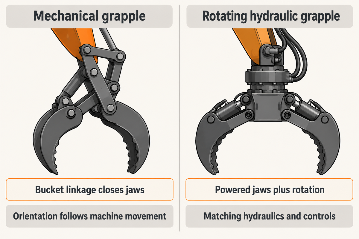 Mechanical closing and independent hydraulic rotation are different functions.