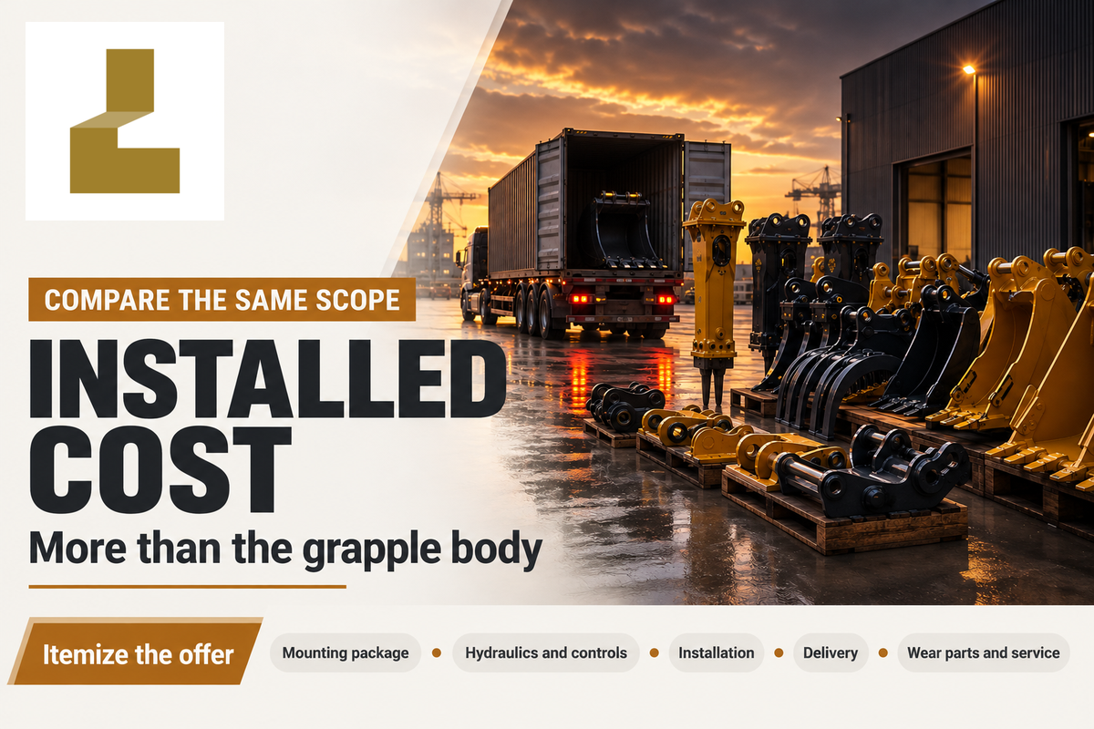 A grapple quotation must separate mounting, hydraulic, installation, delivery and support costs.