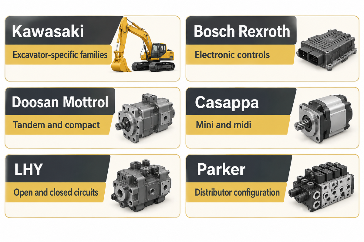 Six application-based sourcing routes, from Kawasaki excavator families to Casappa mini/midi (maker product pages).
